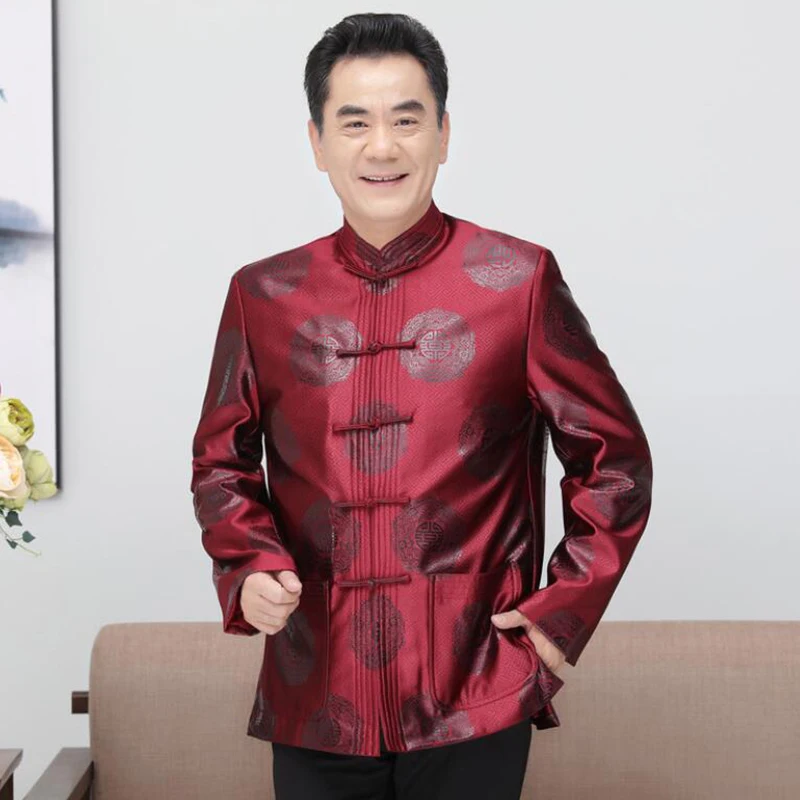 

Mens Chinese Traditional Costumes Spring Autumn Tang Suit Wedding Tops 2019 Red Satin Shirt Men Autumn Cheongsam Tops