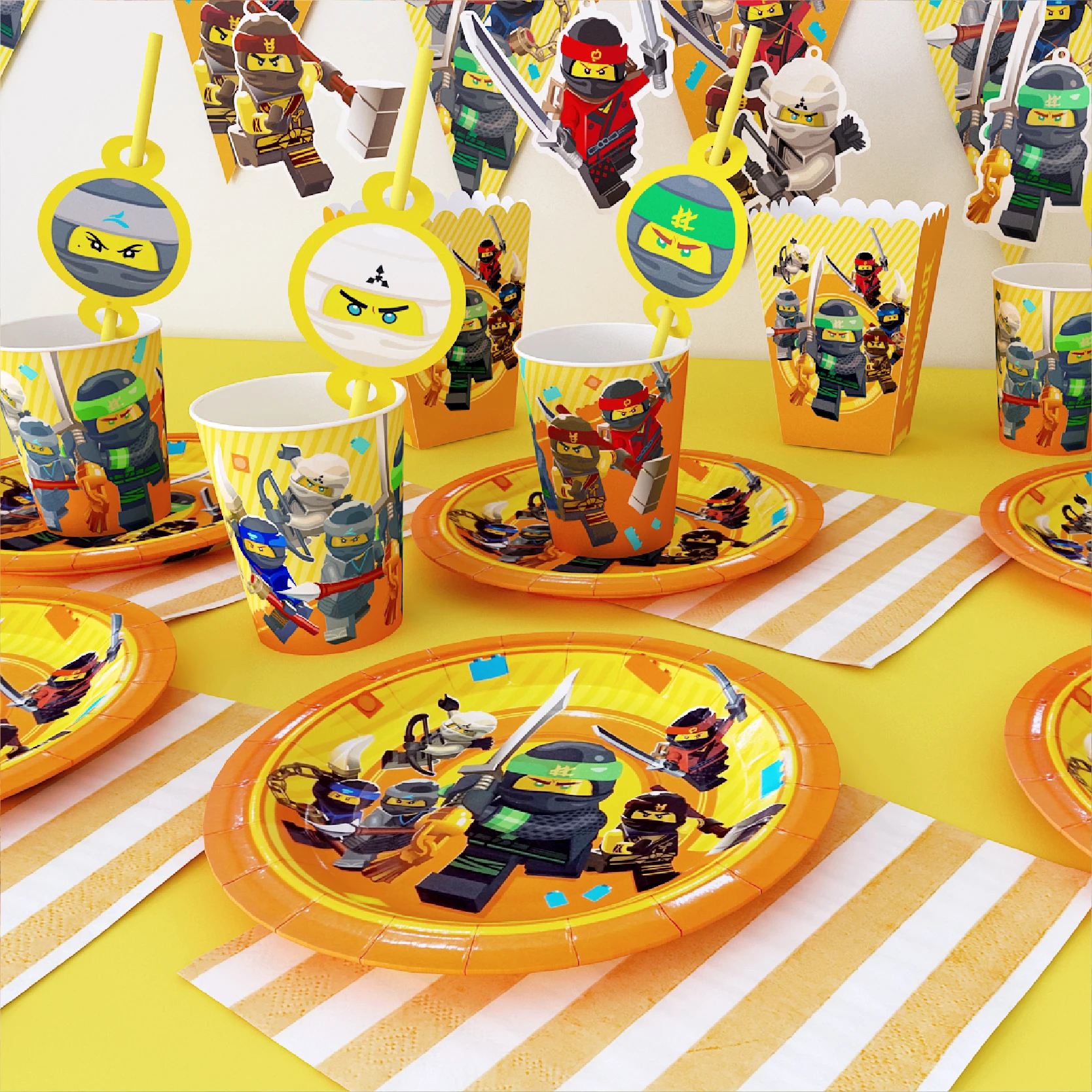 Suministros para fiesta de cumpleaños Ninja enmascarado, vasos de papel de pajita, suministros de superhéroes, recuerdos de tema para niños, novedad