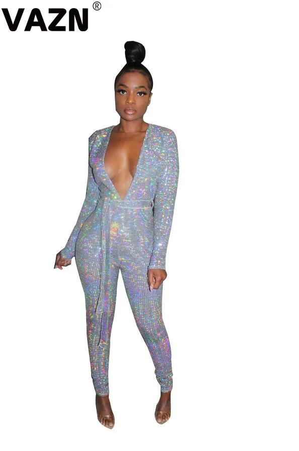 Серебристый VAZN горячая распродажа Женские сексуальные Клубные Модные комбинезоны с глубоким v-образным вырезом и длинным рукавом с высокой талией - Цвет: Серебристый