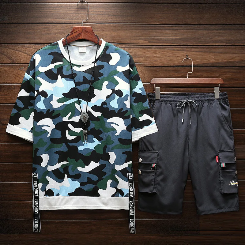 

2019 Summer New Style Japanese-style Casual Camouflage Large Size Webbing Short Sleeve T-shirt Short Bib Overall Set Men's Tz870