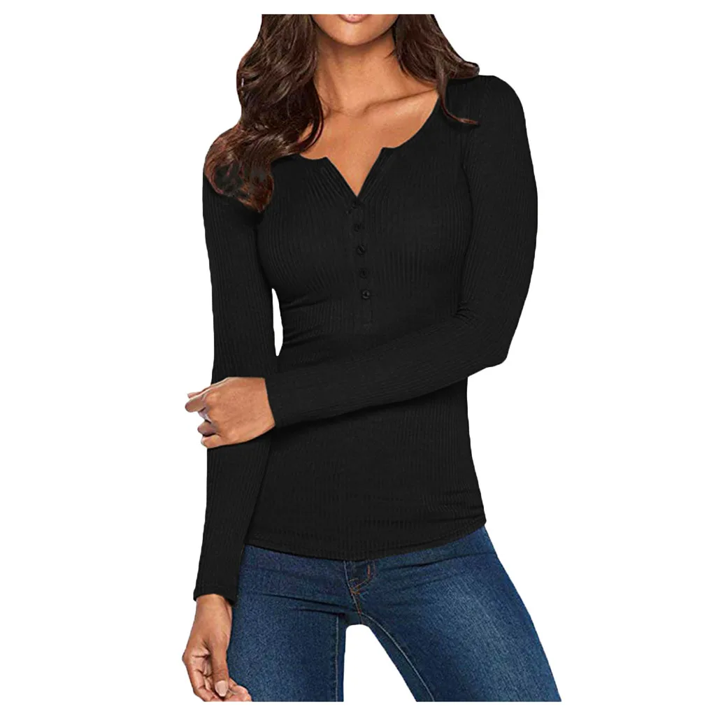 

Blouse Women V Neck Shirts Long Sleeve Solid Button Down Basic Tops Tees 2019 Tee