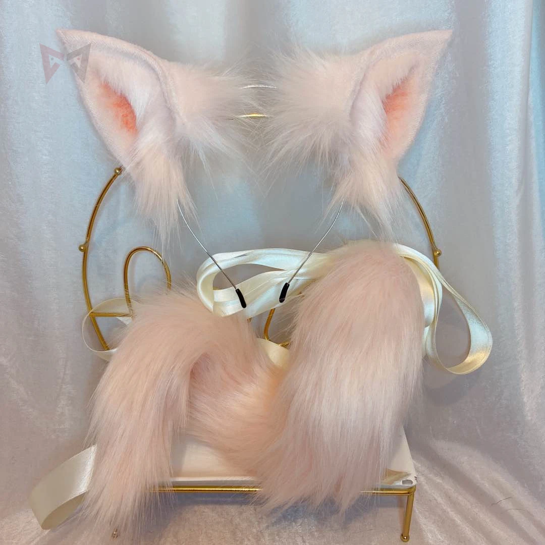 

New Hand Made Pink Ears Headband Tail Set Cosplay Costume Accessories For Party Game Set