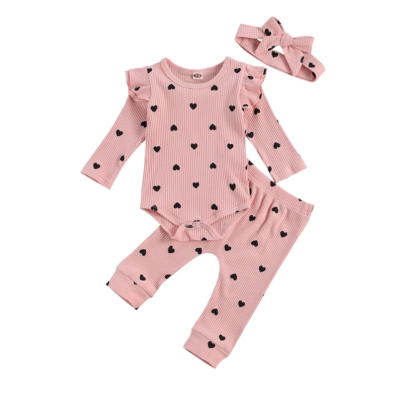 Autumn Newborn Baby Girls Boys Ribbed Suit Heart Print Crew Neck Lace Long Sleeve Top Long Pants Spring Set baby outfits
