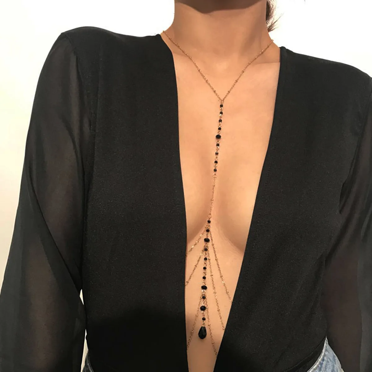 

6 Europe And America Accessories Cool Simple Tassels Body Pendant Women's Sexy Multilayer Handmade Crystal Necklace Clothing