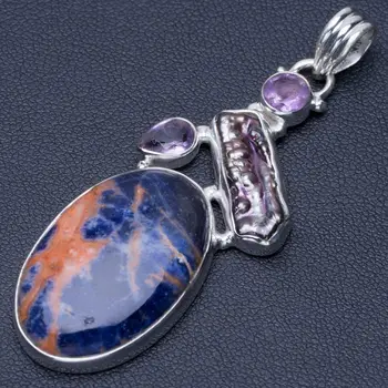 

Natural Orange Sodalite,Biwa Pearl&Amethyst Punk Style 925 Sterling Silver Pendant 2 1/2" Q0460