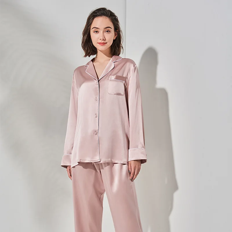 

Silk Pajamas Women's Long Sleeve Mulberry Silk Home Pajamas Set 22mm Solid Color Can Be Worn Out Female Pyjamas Sleep Tops