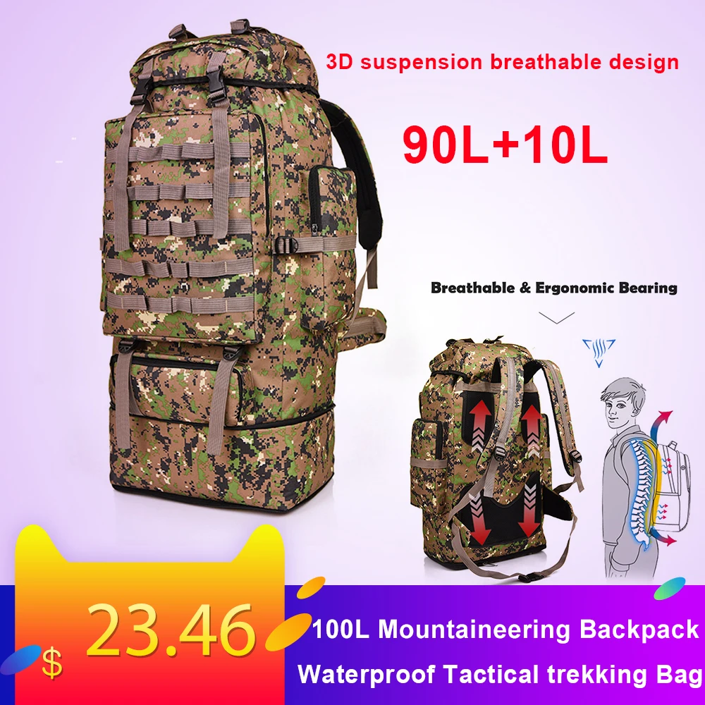 

Outdoor 100L Large Capacity Mountaineering Backpack Camping Hiking Military Molle Camo Water-repellent Tactical terkking Bag