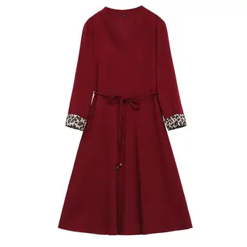 

Hot apparel Leopard Print Cuff V-Neck Long Sleeve Casual Women Autumn Winter A-line Dress