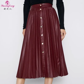 

Women's Pleated Skirts High Waist Black Wine Red Autumn Spring New Ladies PU Leather Skirt Elegant Mid-calf Skirts Yuxinfeng