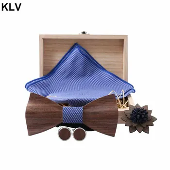 

5Pcs/Set 3D Wooden Bow Tie Men's Wedding Bowties With Wood Box Cufflinks Brooch Casual Luxury Vintage For Men Accessory