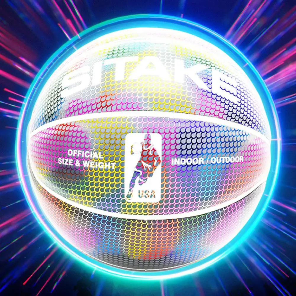 

Kids And Boys' Holographic Glowing Reflective Basketball Light Up Camera Flash Glow Basketballs Gifts Toys Perfect For Night Gam