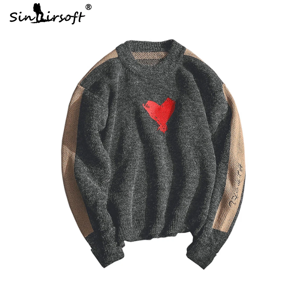

SINAIRSOFT Men's Heart Printing Patchwork Casual Sweater Loose Full Length Couple Wear Pullovers Letter Printed 2019 Fashion Top