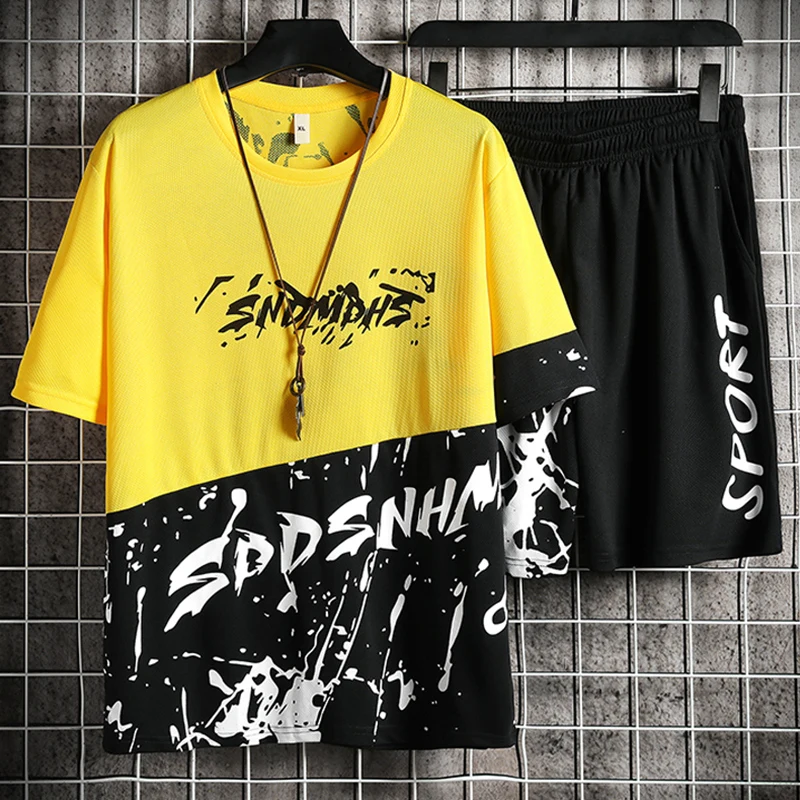 T-Shirt Sportswears Tracksuit Jogger Fitness-Suit Print 2piece-Sets Fashion Summer Male