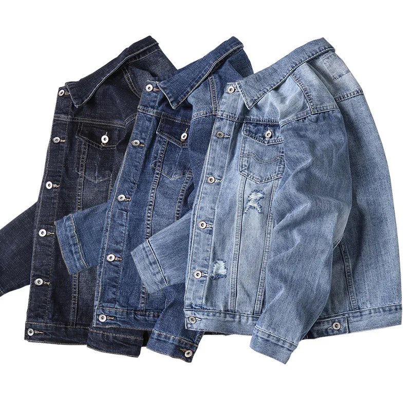 New Mens Denim Jacket Hip Hop Retro Street Casual Pilot Harajuku Fashion Hole Slim Blue Male and Coats black | Мужская одежда