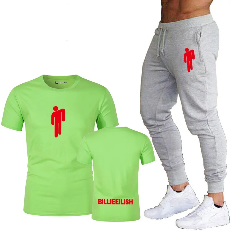 light green Футболка из хлопка, топ, XS-2XLBillie, с надписью Eilish, для дома, Мужская футболка, штаны,, новая летняя футболка, спортивный комплект - Цвет: light green