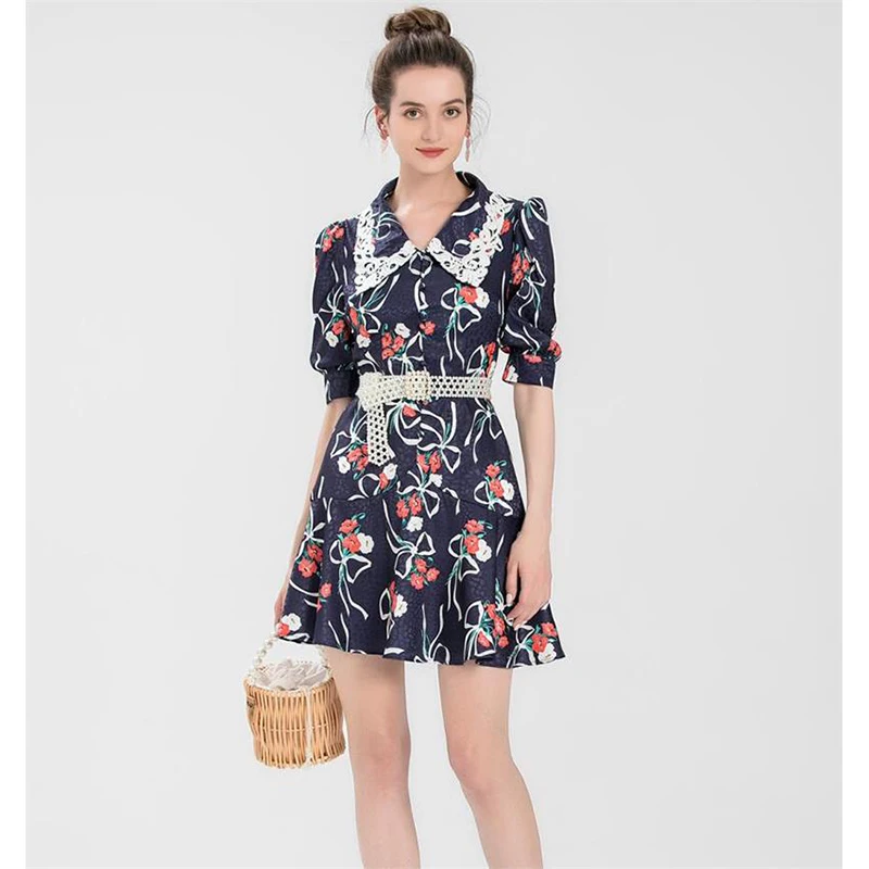 

Women Dress High Quality Runway Summer Peter Pan Collar Short Sleeves Print Casual Mini Dresses Belt Vestidos NP1735N