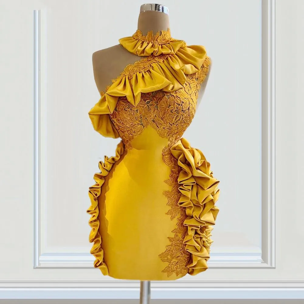 Gold One Shoulder Cocktail Dress Mini Short Prom Gowns Ruffles Lace Appliques Satin Mermaid Party Dress Women Formal Vestidos