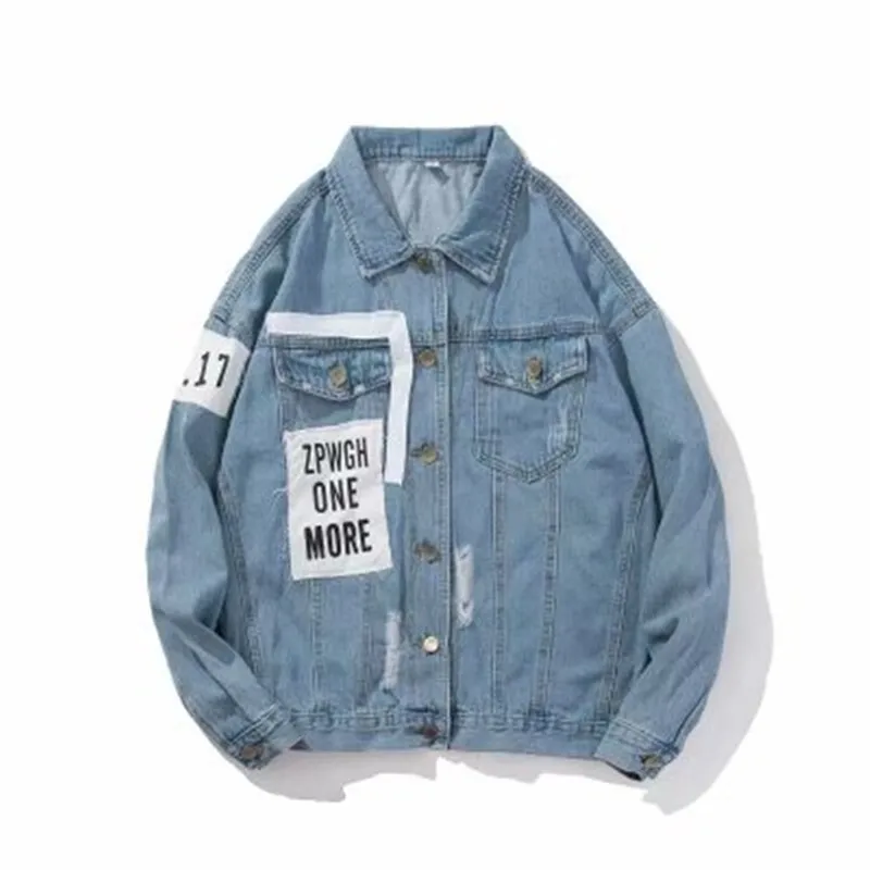 

Hooded Men Denim Jacket Letter stitching Harajuku Men Hip Hop Coat Male Denim Jacket Tops For Men Clothing Jacket