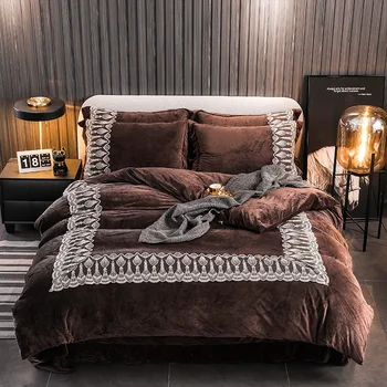 

Luxury Brown Blue Gray Winter Thick Velvet Flannel Fleece Bedding set Soft Short plush Lace Duvet cover Bed Sheet Pillowcases
