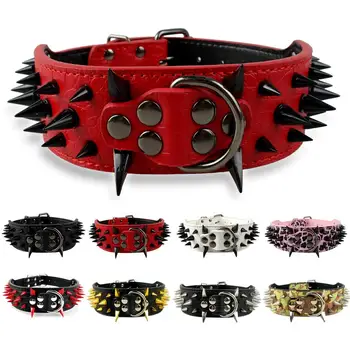 

Dog Collars,With Sharp Spiked Studded Leather 2" Wide pet collars,Suitable for Teddy French Bulldog Adjustable Medium Dog Collar