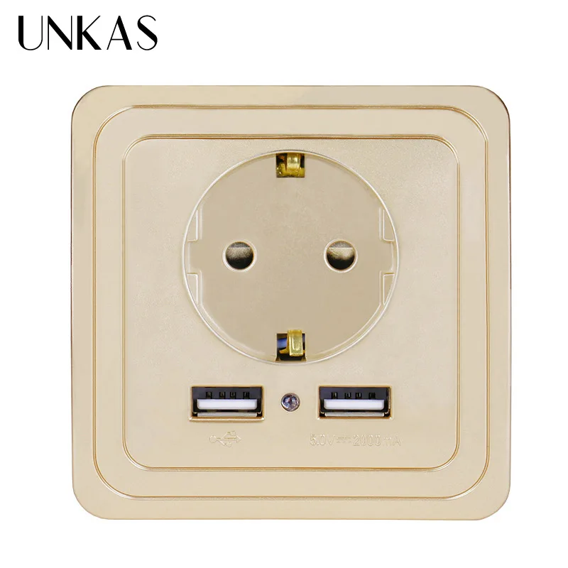 UNKAS 2000mA двойной USB кабель для зарядки серый декоративная стенная розетка 5V аксессуары для дома ЕС розетка Мощность ВЫХОД ПК Панель с заземлением - Тип: 2000 mA Gold