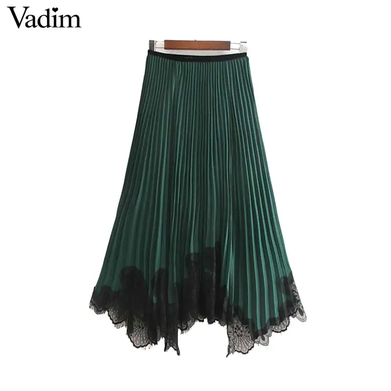 Vadim women chic lace patchwork chiffon pleated skirt elastic waist irregular design female casual green midi skirts BA819