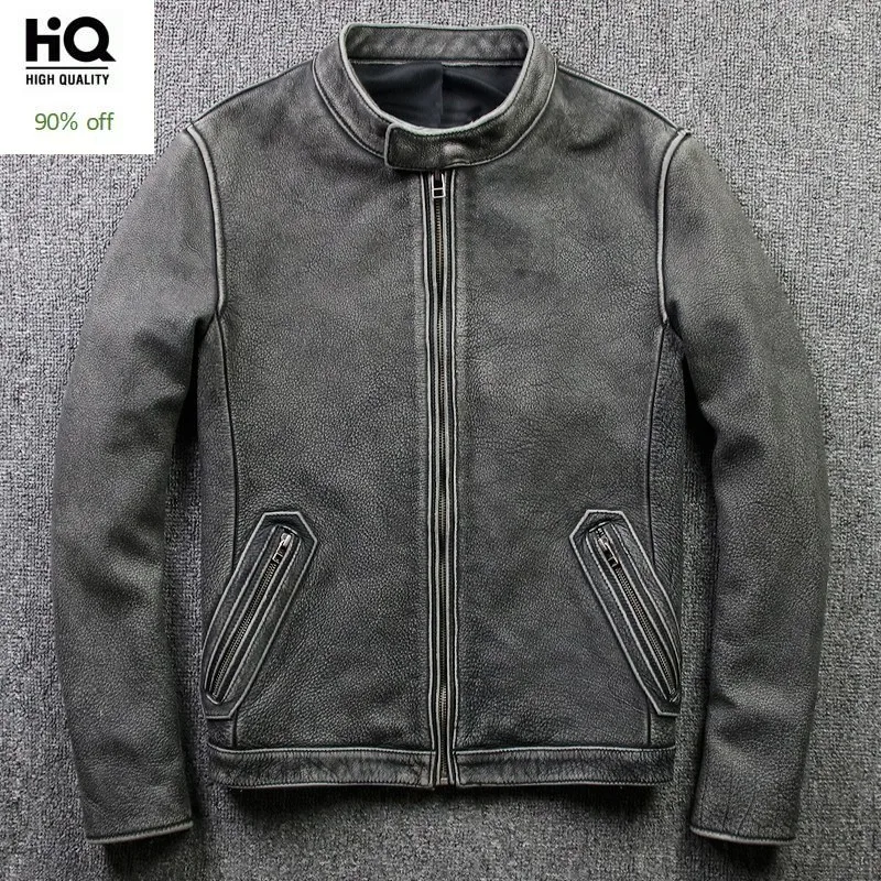 

Vintage Mens Cowhide Leather Jacket Grey Stand Collar Biker Genuine Leather Jacket Windbreaker Slim Fit Short Coat Plus Size 5XL