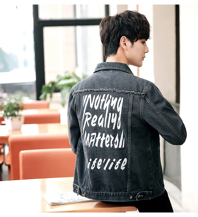 MEN'S Denim Coat Korean-style Trend Slim Fit Back Printed Youth Denim Jacket Men's Foreign Trade Large Size Men'S Wear