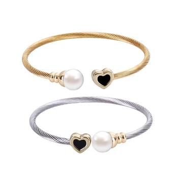

Chran Round Shell Pearl Heart Design Silver Plated Elastic Stainless Steel Cable Bracelets for Women