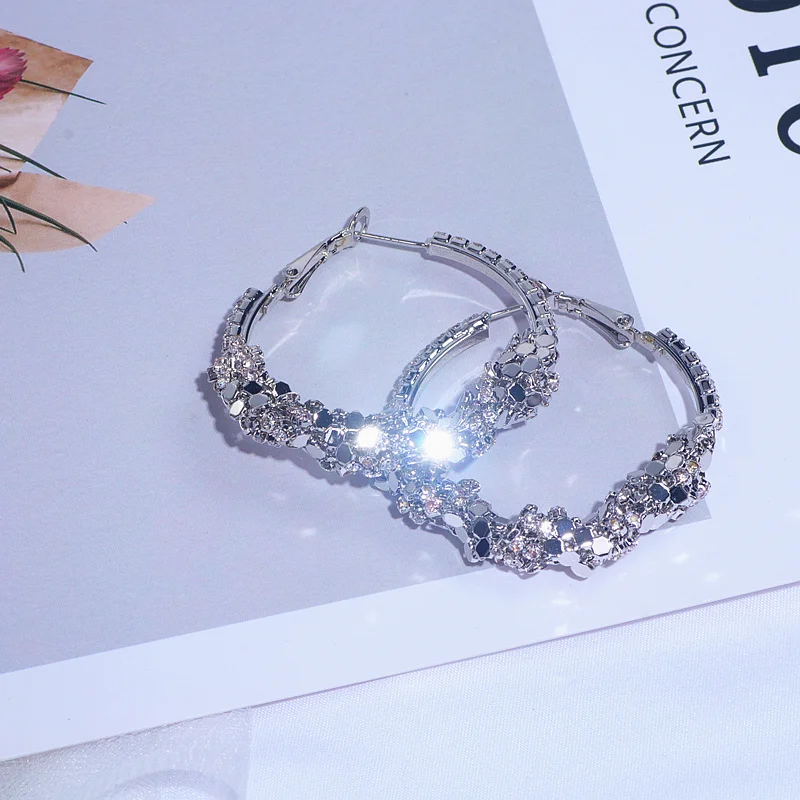 Модные блестящие хрустальные круглые серьги-кольца для женщин серебристого цвета большие металлические круглые серьги женские свадебные ювелирные украшения для невесты