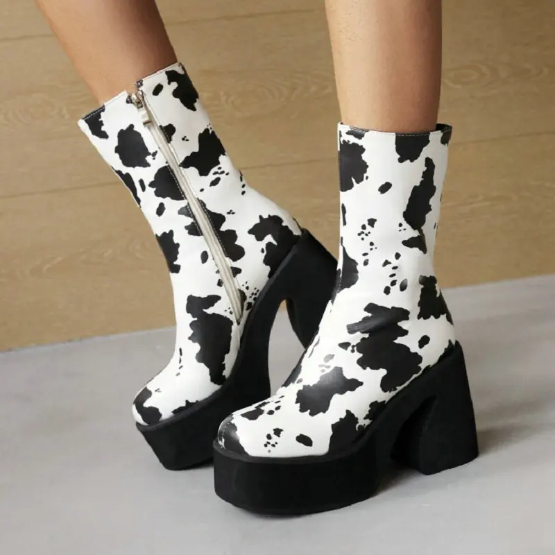 

ZawsThia Animal Zebra Stripe Pattern Cow Skin Print Platform Chunky High Heels European Sexy Lady Pumps Stretch Mid-calf Boots