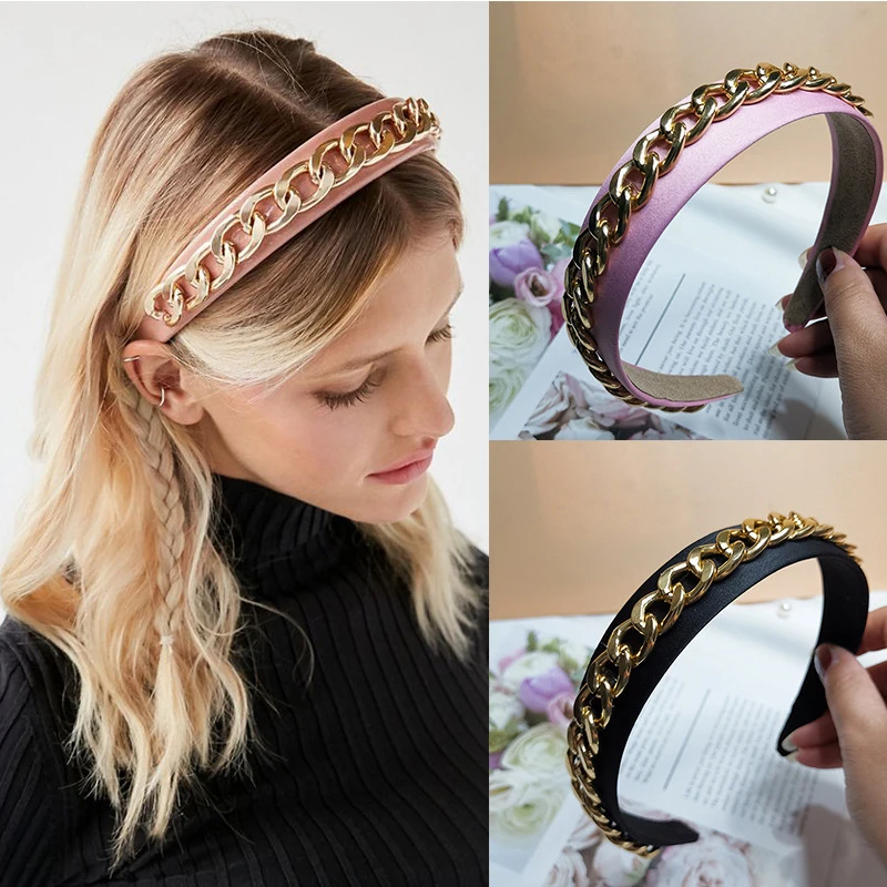 QCOOLJLY Gold Chains Hair Bands Women Hoop Solid Bezel Hairbands Girls Elastic Headband Accessories Ornament | Украшения и