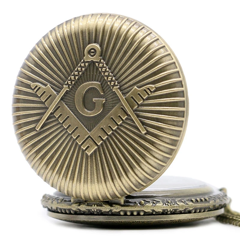 Bronze Masonic Freemasonry Chrome Square and Compass Mason Retro Necklace Pendant Quartz Pocket Watch Best Gifts for Freemason