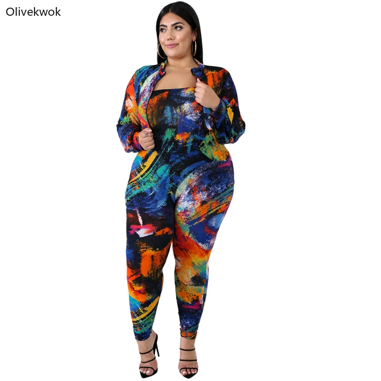 

Olivekwok Spring New Plus Size Three Piece Set Women Fashion Stretch Print Jumpsuit and Casual Long-Sleeved Coat Suit AT19019