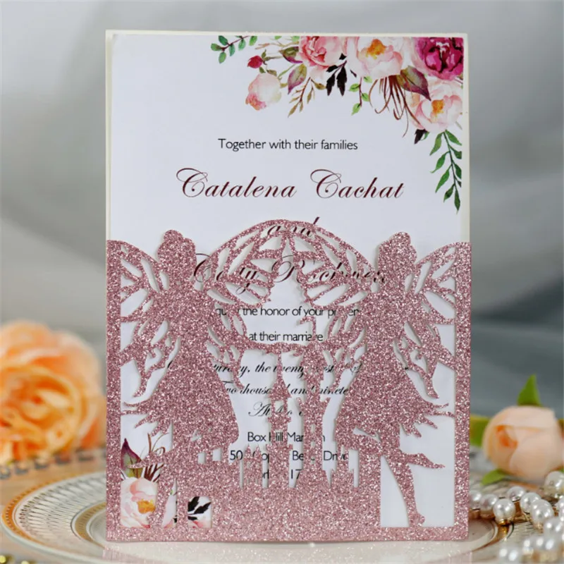 

Glitter pink fairy butterfly laser cut party invitation suite custom invite layout multi colors 50 sets