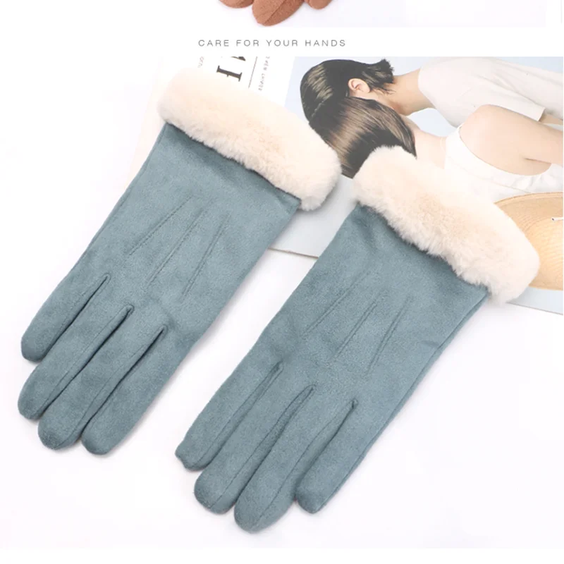 Зимние флисовые Теплые Перчатки женские тачскрин толстые замшевые меховые кожаные плюшевые перчатки рукавицы модные повседневные перчатки для вождения - Цвет: Небесно-голубой