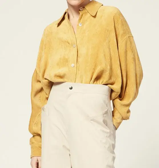 

YELLOW SHIRT BOXY VELVET SHIRTS TOP LONG SLEEVES BUTTON FRONT FASHION WOMAN FALL WINTER 2019