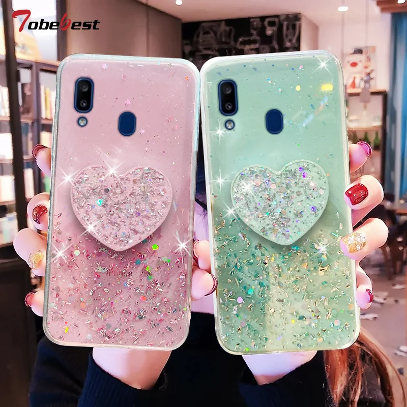 Bling Glitter Heart Love Phone holder Case For Samsung Galaxy A10 A20 A30 A40 A50 A60 A70 A80 A10S A20S A20E Silicone Cover_voghion.com