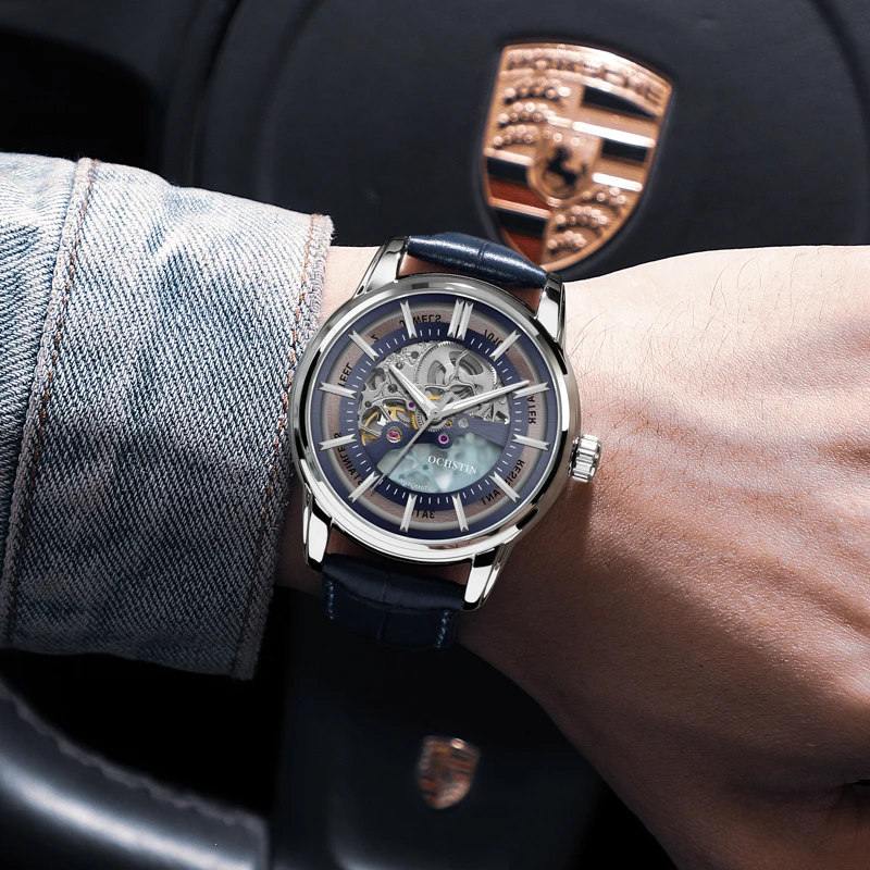 2021 Automatic Mechanical Watch OCHSTIN For Man Blue Leather Watches Men Fashion Business Luxury Wristwatch Luminous Male Clock