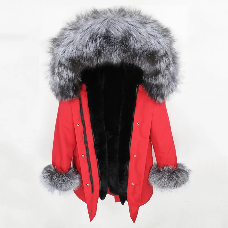 red silver black OFTBUY, пальто с натуральным мехом, водонепроницаемая парка, зимняя куртка для женщин, натуральный Лисий меховой капюшон, воротник с манжетами, Толстая теплая верхняя одежда, уличная одежда - Цвет: red silver black