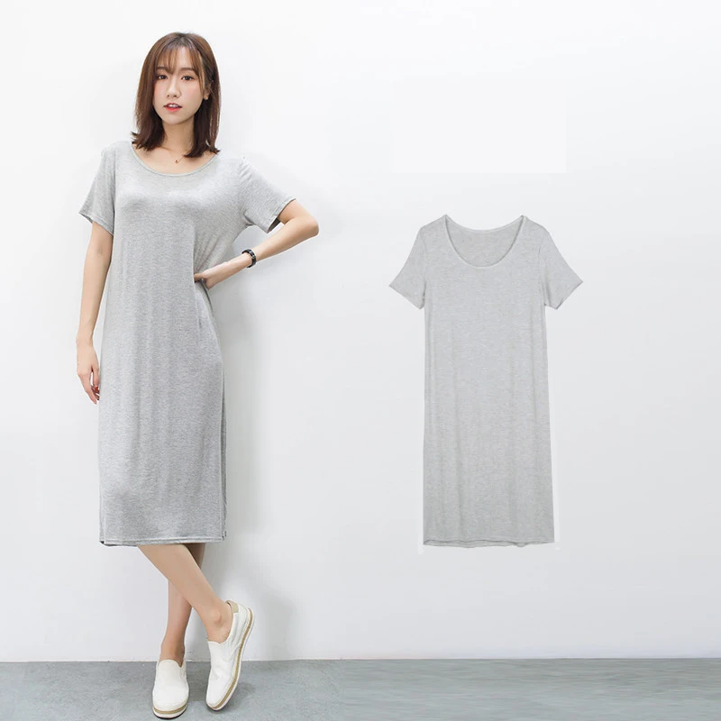 100cm light gray Свободные ночные рубашки для женщин, длинное однотонное ночное белье для девочек, ночная рубашка из модала и хлопка, летняя ночная рубашка - Цвет: 100cm light gray
