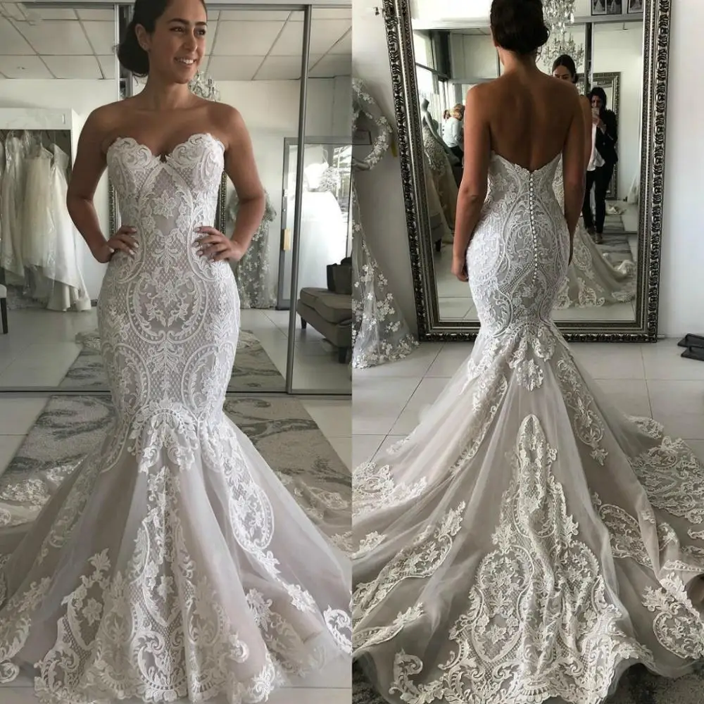 

Luxury Mermaid Wedding Dresses 2019 Lace Appliques Sweetheart Sleeveless Button Back Modest Bridal Gowns Robe De Mariee