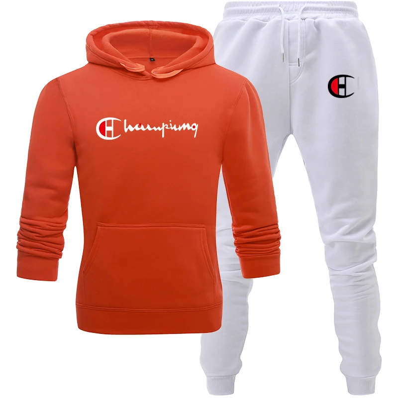 Orange white Спортивный костюм, мужской спортивный флисовый плотный брендовый костюм с капюшоном, повседневный спортивный костюм, мужская куртка+ штаны, теплая зимняя толстовка с мехом внутри - Цвет: Orange white