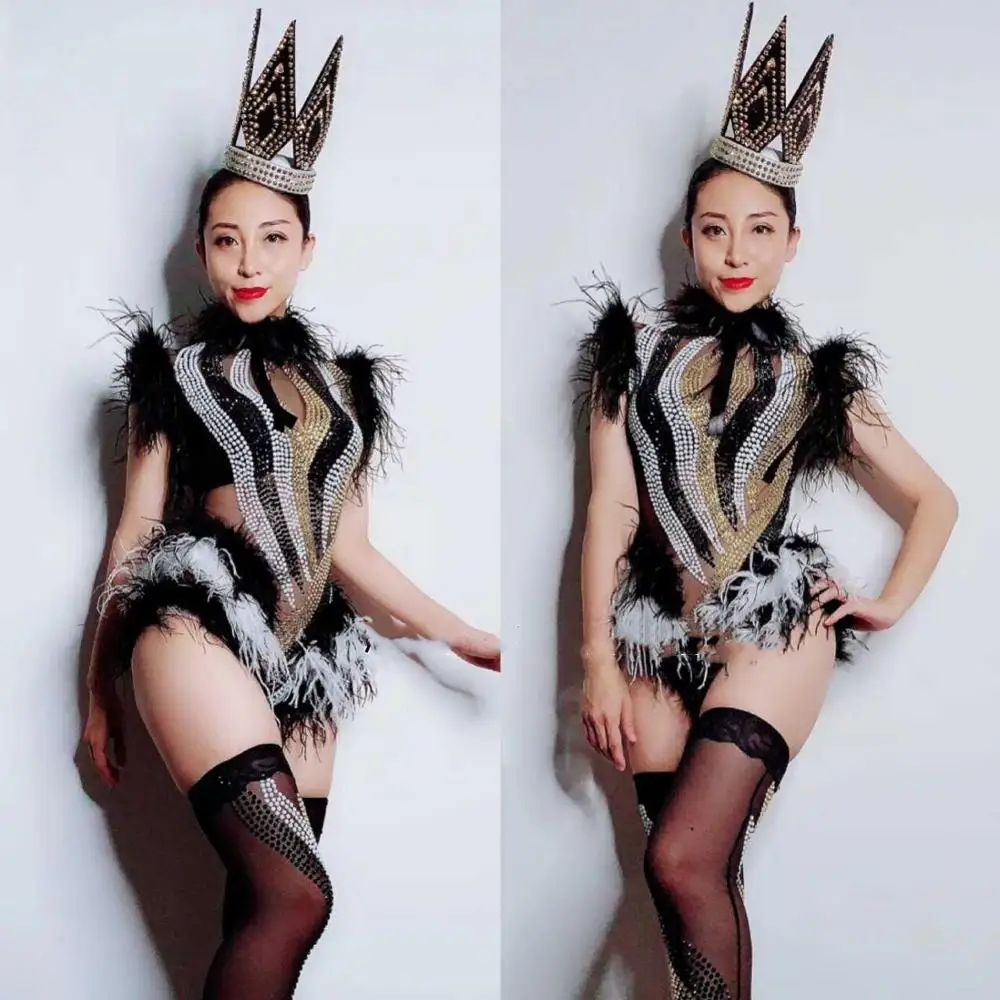 

Women Singer Modern Dance Costume Sexy See-through Black White Feathers Rhinestones Bodysuit Mesh Perspective Show Stage Wears