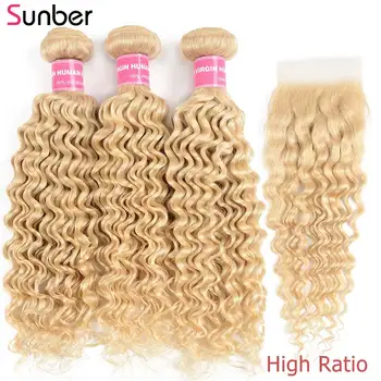 

Sunber Hair 613 Bundles With Closure High Ratio Remy Human Hair 16-26 inch Brazilian Bondle Deep Wave 3/4 Bundles With Closure