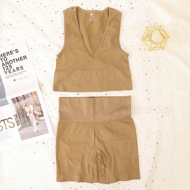 Sport Ribbed Deep V Bra Set Women Underwear High Waist Shorts Female Sexy Lingerie Set Fitness Seamless Bralette Top Sportwear khaki