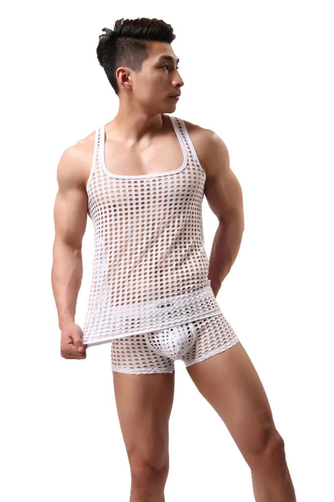Летний мужской сексуальный модный пижамный комплект рыболовная сетка полый дышащий жилет плотное Прозрачное нижнее белье