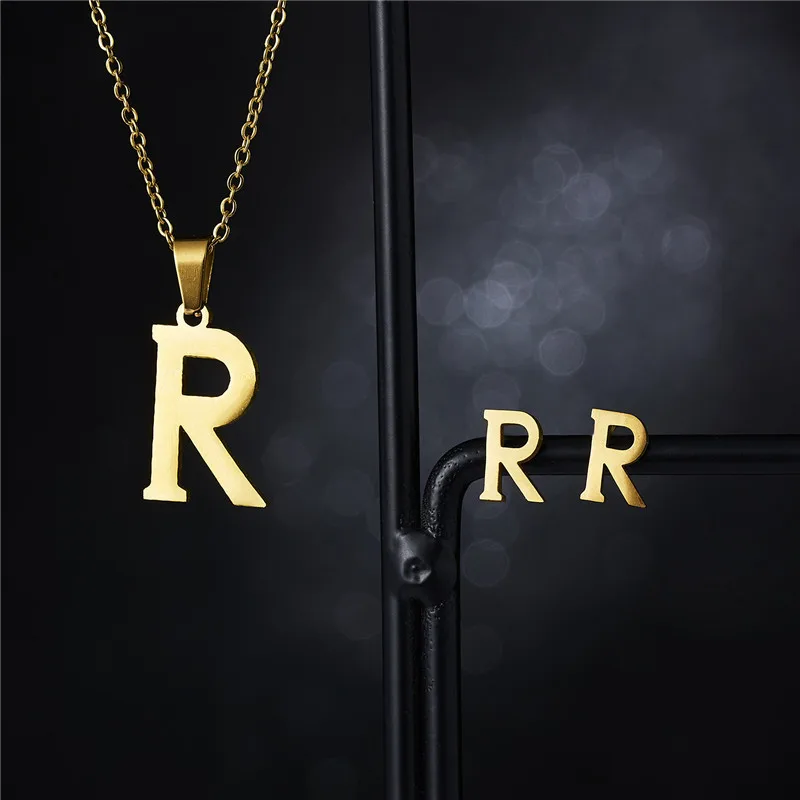 yellow fashion jewelry set Rinhoo New Initial A-Z Letters Pendant Stainless Steel Link Chain Necklace Earring for Women Men Trendy Jewelry Set Gift trendy ring sets