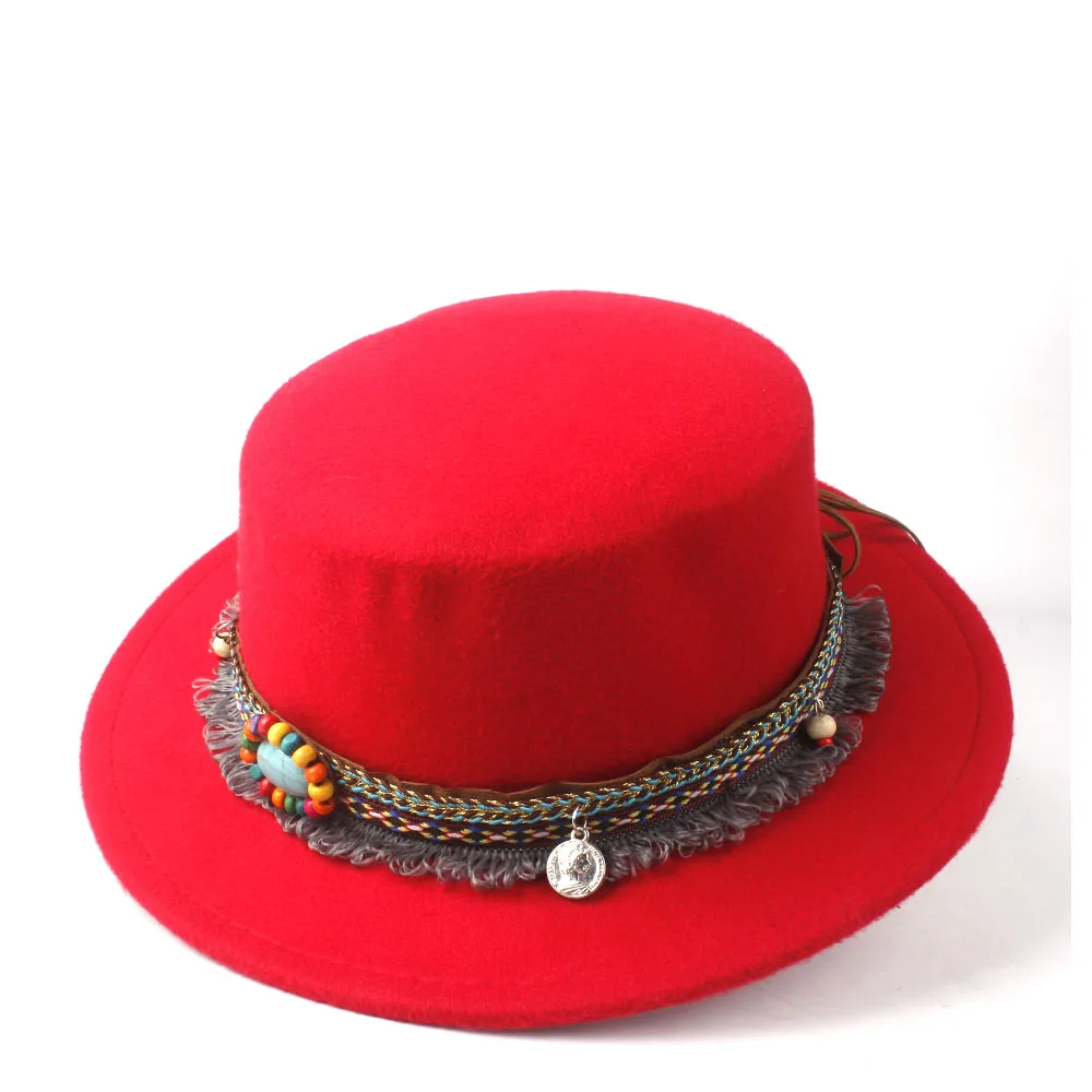 Мужская и женская шляпа на плоской подошве, зимняя мягкая фетровая шляпа с широкими полями, шляпа для танцев и вечеринок, шерстяная мягкая фетровая шляпа, размер 56-58 см - Цвет: Red