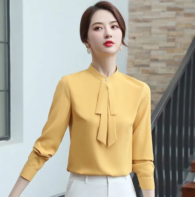 Элегантная женская рубашка с длинными рукавами Новая Осенняя темпераментная желтая шифоновая, с завязывающимся бантом женская одежда для офиса модная столешница - Цвет: Yellow